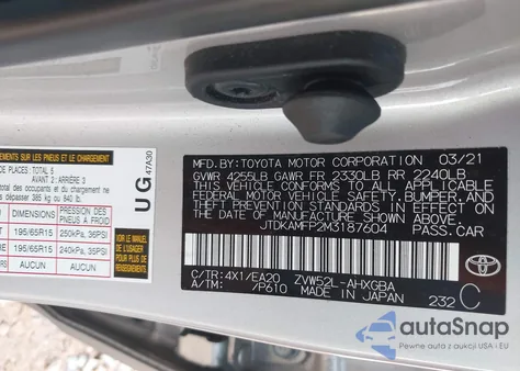 2021 Toyota Prius Prime Xle from USA, damaged, VIN JTDKAMFP2M3187604